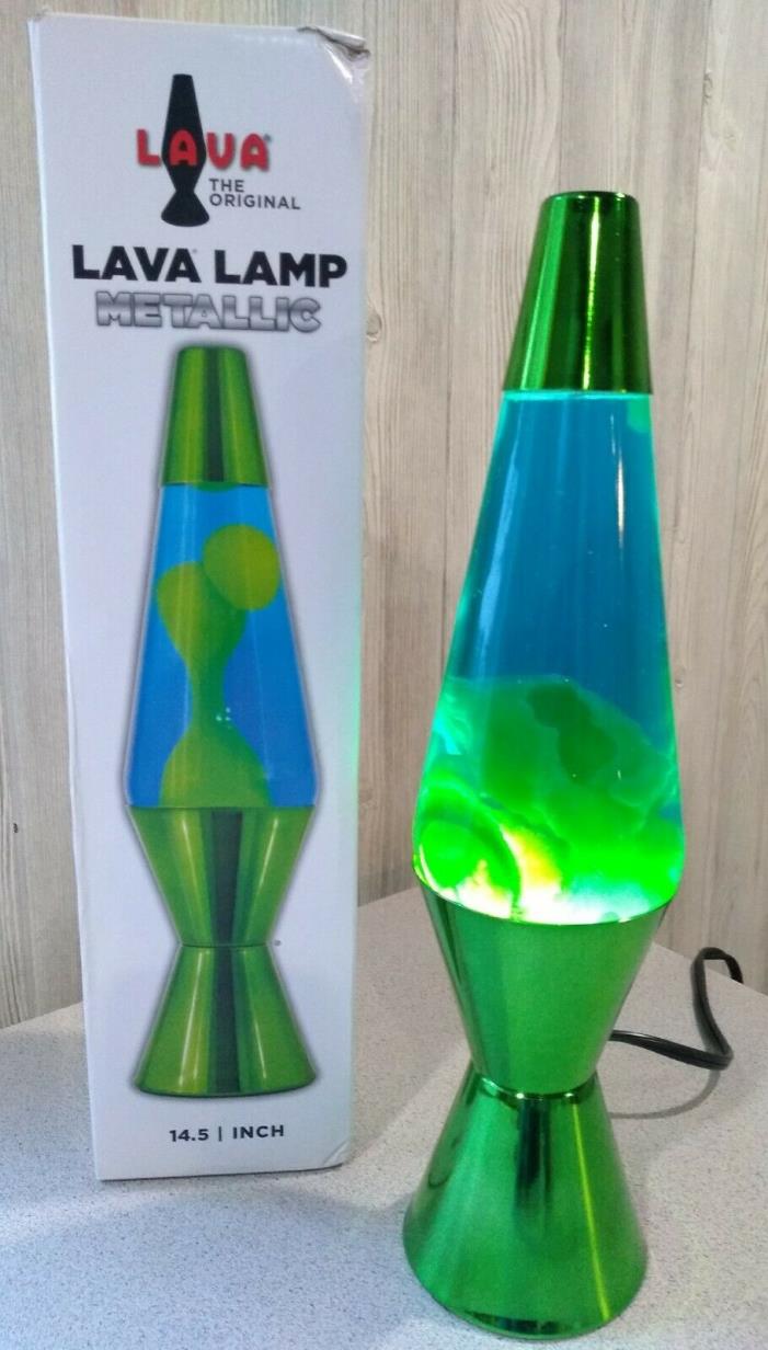 14.5-Inch Metallic Lava Lamp with Metallic Base, Yellow Wax/Blue Liquid/Green