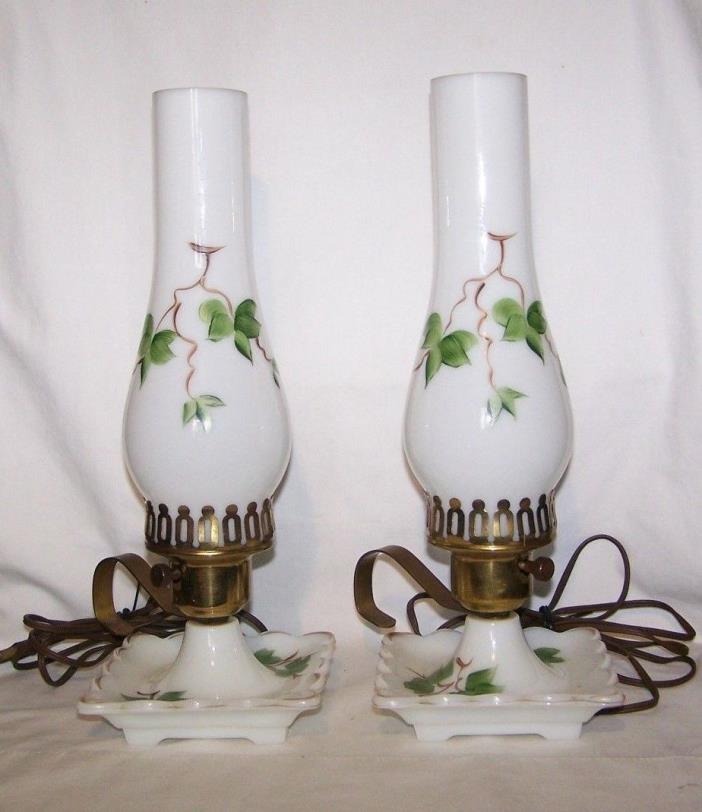 Mid-Century Finger Dresser Lamps White Milk Glass / Globes Hand Painted Ivy X 2