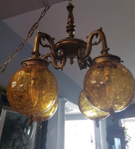 Hollywood Regency Solid Brass Swag Chandelier Yellow Crackle Glass Shades RARE!!