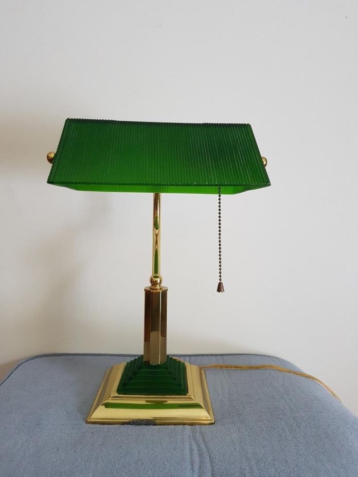 Vintage Bankers/Lawyers Desk Lamp - Brass Jade Green Glass Shade