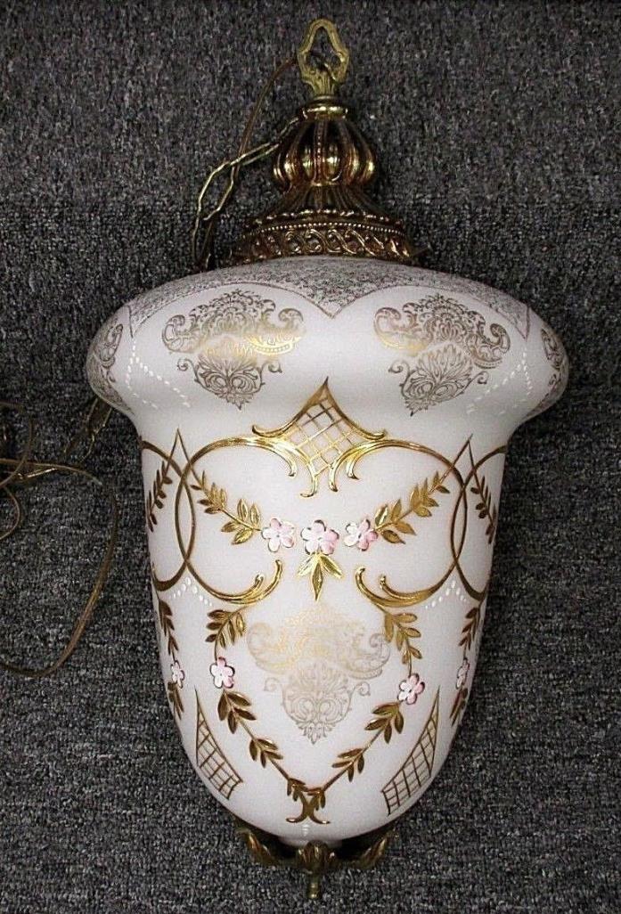 Vintage Glass Hanging Swag Lamp Light Ornate Gold and Flowers