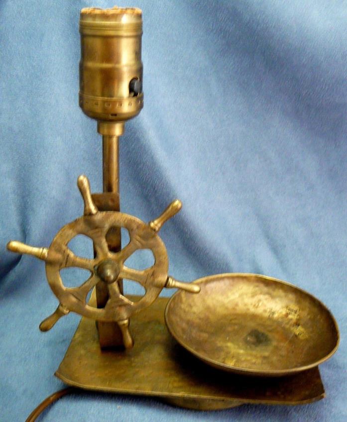 Vintage Brass Ship Wheel Lamp & Change Tray Nautical Light