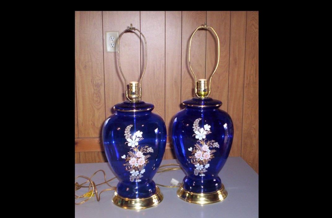 Pair of Large Mid Century  Cobalt Blue Blown Glass Table Lamps Ginger Jar Style