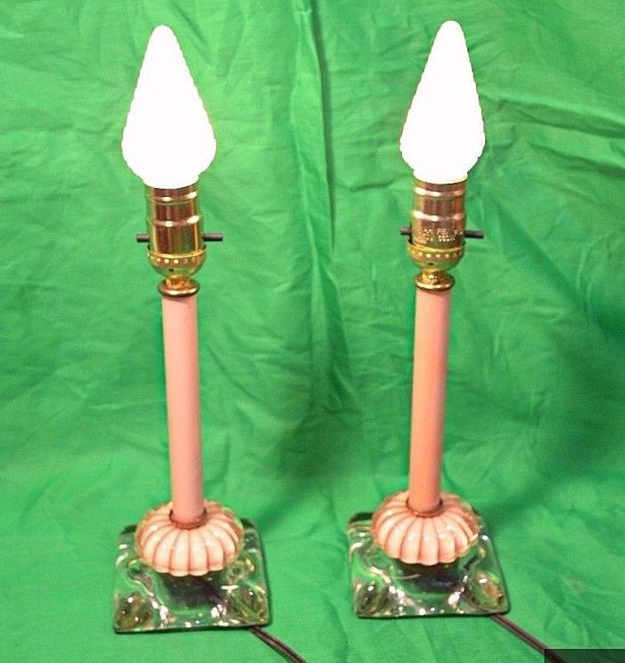 VINTAGE LEAD CRYSTAL/GLASS BOUDOIR LAMPS PINK REVERSE PAINTED GLASS CANDLE STICK