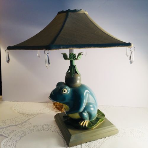 Unique Vintage Frog On Lily Pad Lamp With Old Fabric Shade Great Shape