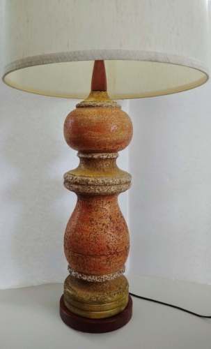VTG MCM Ceramic Art Pottery Dimensional Teak Atomic Table Lamp Heavy