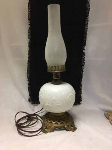 Brass And Milk Glass Chimney Electric Lamp