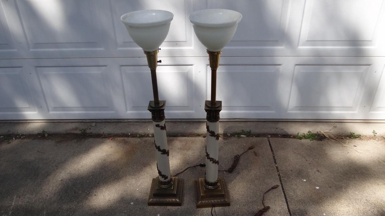 VINTAGE PAIR NEOCLASSICAL STIFFEL TORCHIERE LAMPS w/ milk glass shade 38
