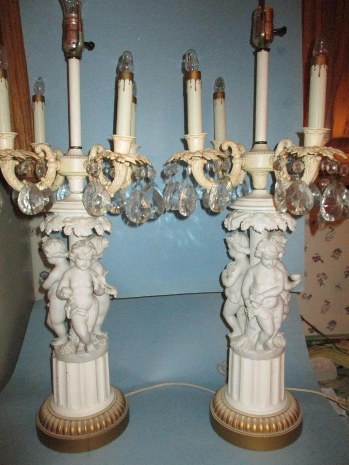 Large Pair Bisque Porcelain Cherub Candelabra Table Lamp PARIAN Vintage Crystal