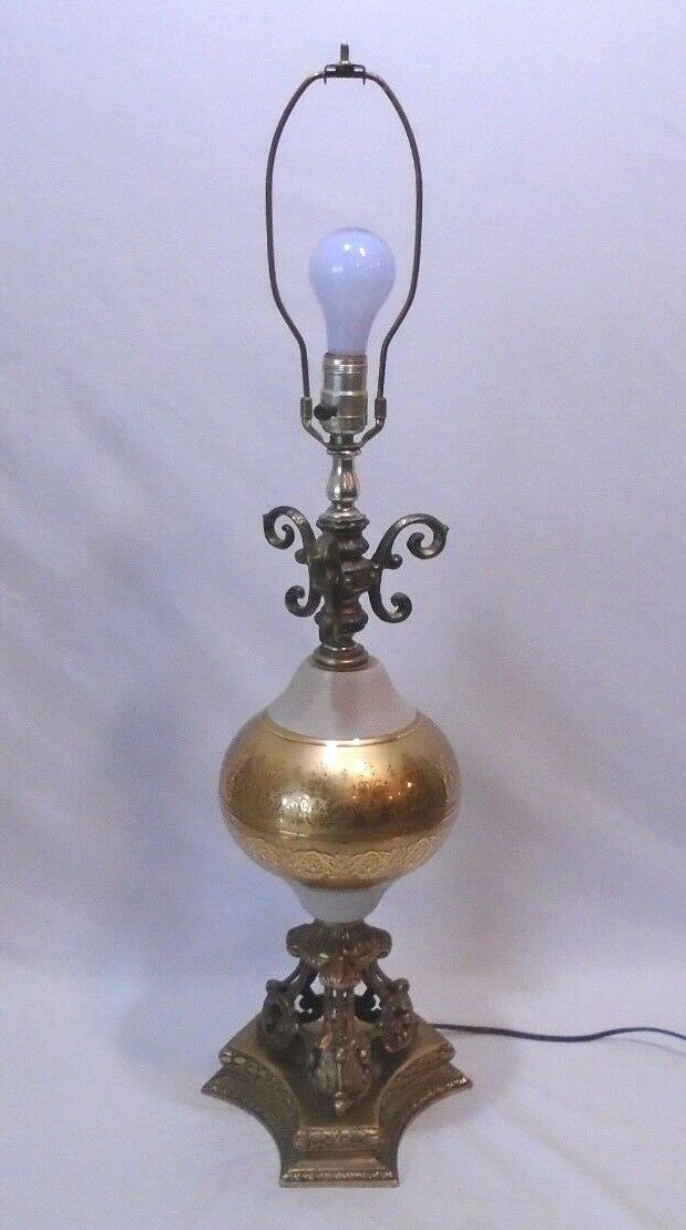 Vintage Frosted Glass and Brass Ornate Parlor Table Lamp Made in France by VV