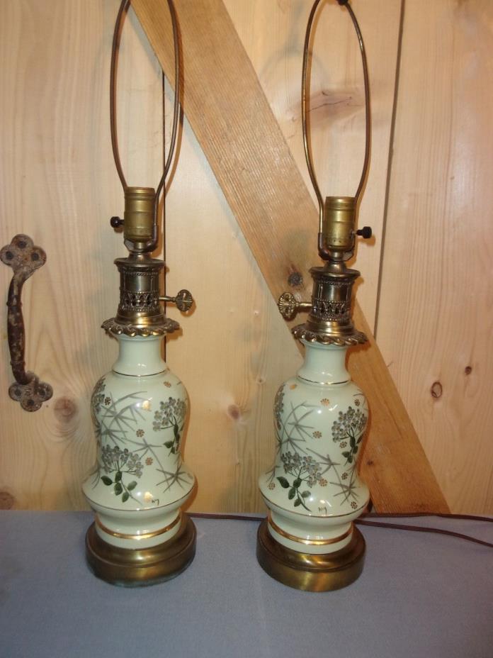 Preowned Vintage  Pair of porcelain  Hand Painted Lamps signed