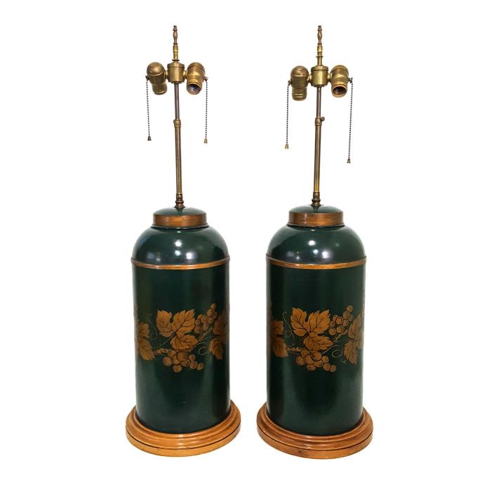XL Vintage Mid-Century PAIR French Country Provincial Green Tole Canister Lamps