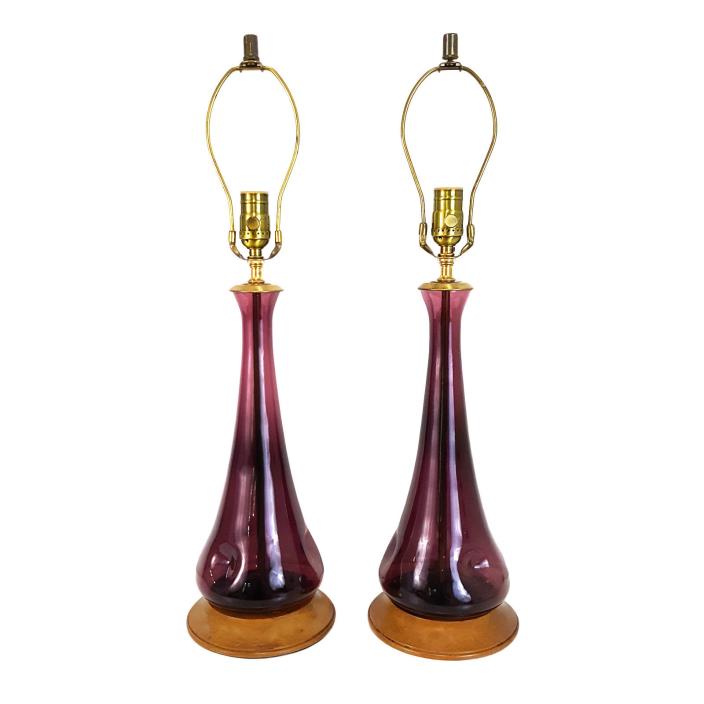 Pair Vintage Purple Italian Empoli Art Glass Lamps Mid-Century Danish Modern