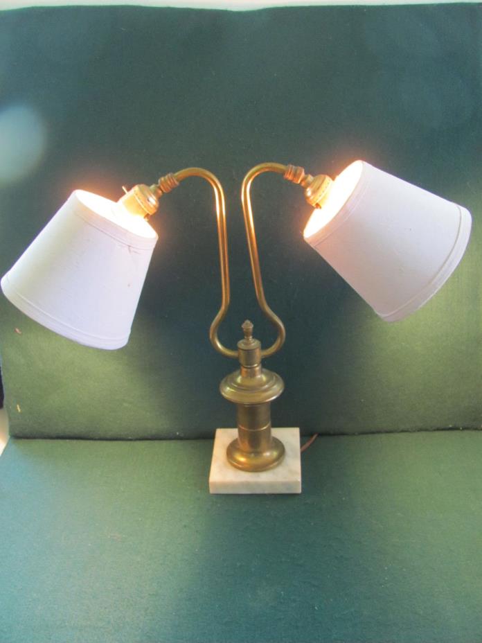 Vintage double headed brass table student desk lamp w square marble like base