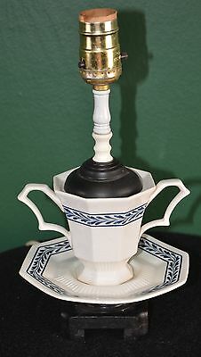TWO HANDLED CUP & SAUCER ELECTRIC TABLE LAMP! BLUE & WHITE! UNIQUE!