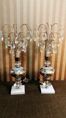 VTG Pair Hollywood Regency Gold & White Glass Lamps w/ Waterfall Crystal Prisms