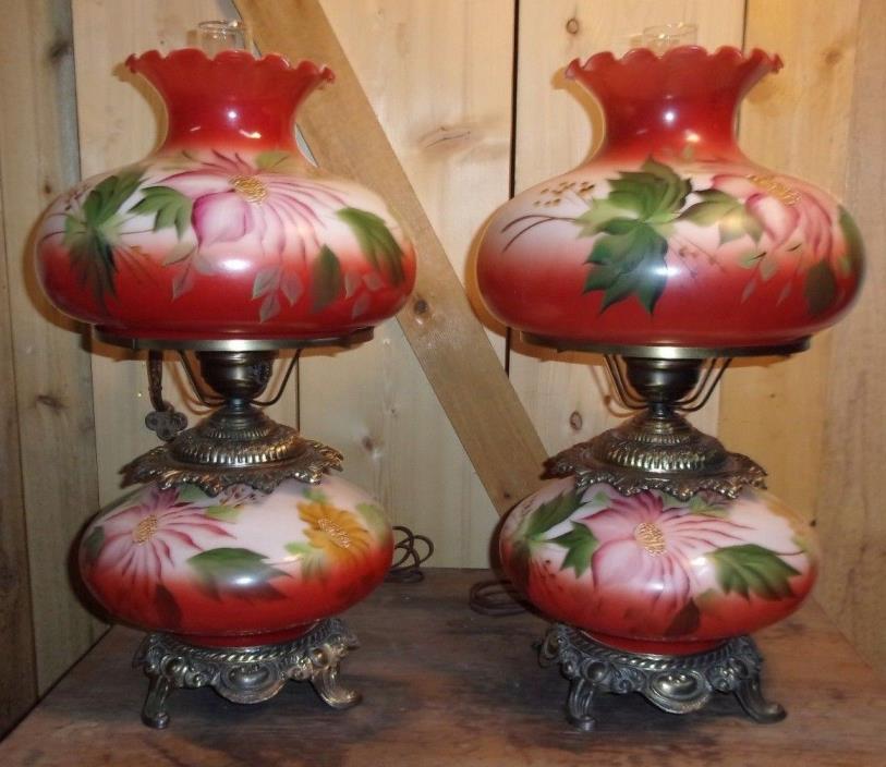 PAIR of VINTAGE GWTW Hurricane Parlor Hand Painted Electric Double Globe Lamp!