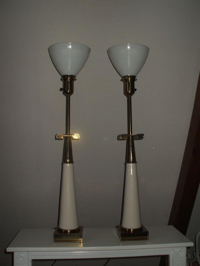 Pr. Stiffel Tommi Parzinger Lamps White Ceramic/  Brass Greek Key MCM