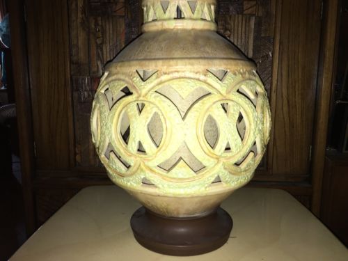 Vtg Mid Century Modern YELLOW ORANGE POTTERY CERAMIC HUGE TABLE LAMP