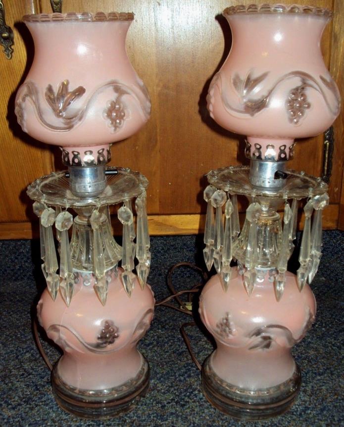 (2) Vintage ROSE Boudoir VICTORIAN Table GLASS LAMPS Ornate PRISMS Crystals PINK
