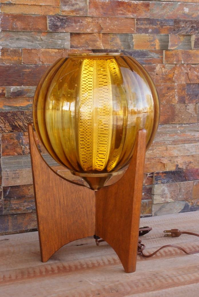 Mid Century Danish Modern Wood Glass Amber Globe Table Lamp