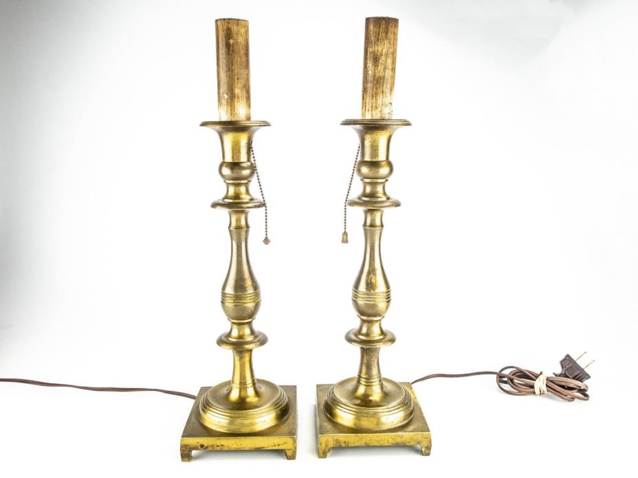 Pair Brass Antique Hubbell Socket Candlestick Lamps Pull Chain BOTH WORK