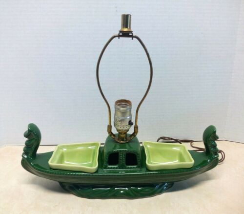 Vintage Ceramic Ship Oriental Viking Television TV Side Table Lamp Planter Retro