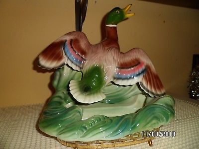 VINTAGE: MID CENTURY 1950's TV LAMP: MALLARD DUCK WITH BRASS BASE PLANTER