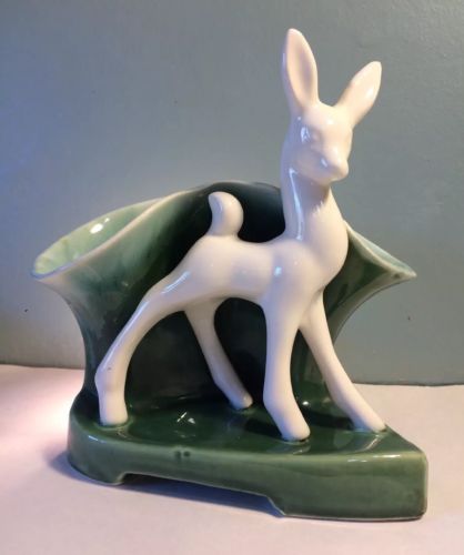 Vintage 1950s Deer Fawn TV Lamp Ceramic Vase Green Mid Century Modern Works USA
