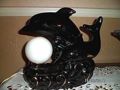 VINTAGE: MID CENTURY CERAMIC DUAL DOLPHIN JUMPING IN WAVE TV LAMP