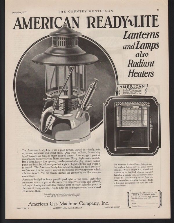 1927 AMERICAN REY-LITE LANTERN HEATER STOVE GAS ALBERT LEA MINNESOTA   AD 20850