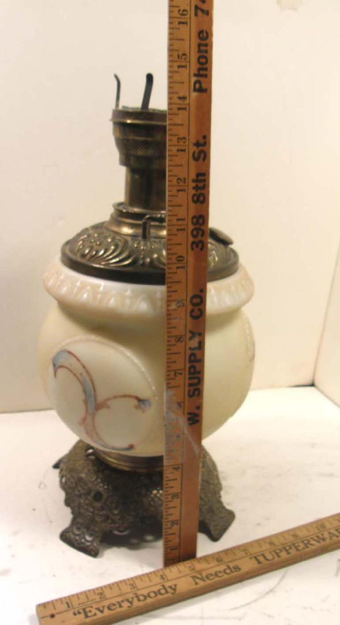 ANTIQUE KEROSENE PARLOR LAMP BASE DECORATIVE BRASS TRANSFER & HP MILK GLASS