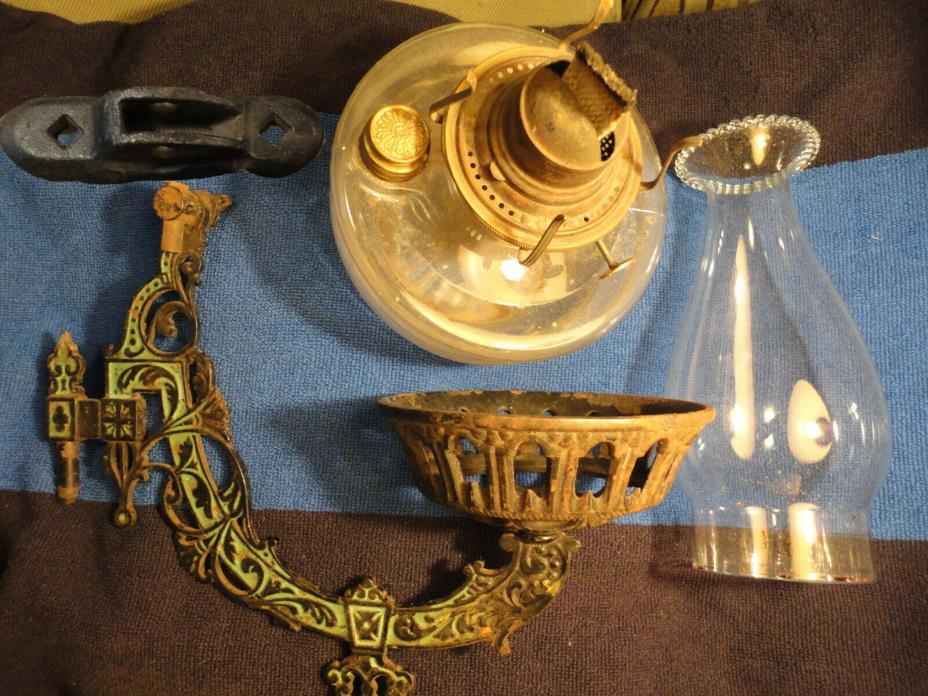 Antique Victorian KEROSENE OIL GLASS LAMP w/ CAST IRON HOLDER WALL MOUNT BRACKET