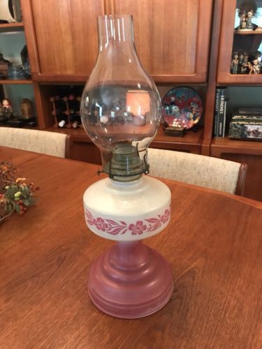 Vintage Bartlett-Collins Painted Oil Kerosene Lamp with Burner, Wick, & Chimney
