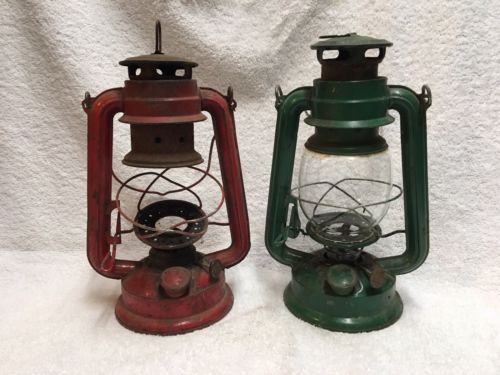 Vintage Big Wheel Kerosene Lanterns, Red & Green Oil Lamp Winged Railroad