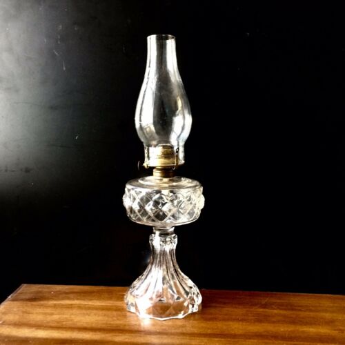 antique pressed glass oil lamp- clear glass - kerosene lamp - glass lamp