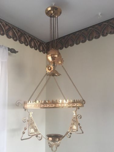 Brass Victorian Library Lamp Frame Hanger Smoke Bell Counter Weight