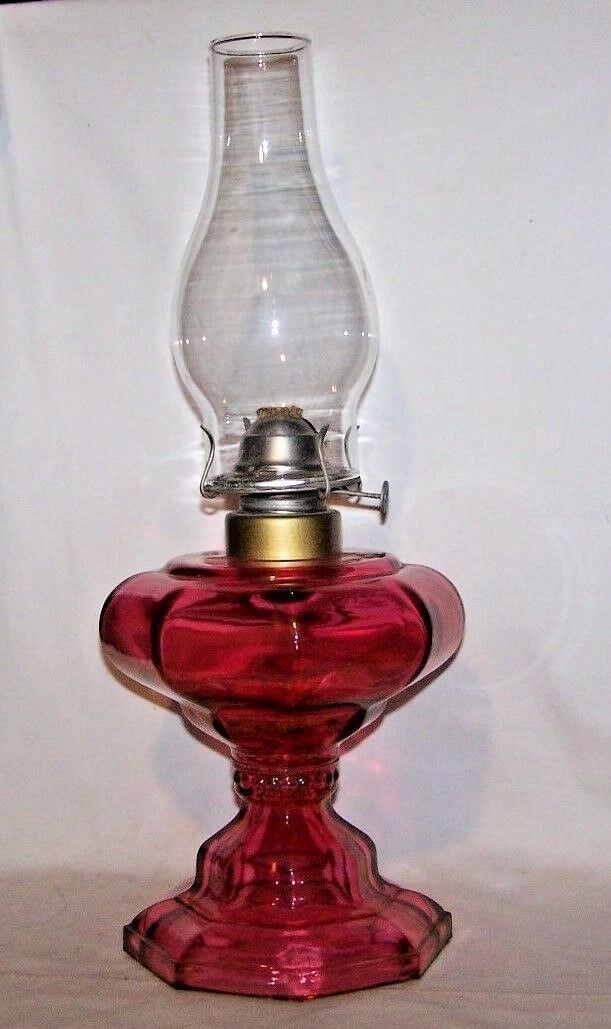 Cranberry Oil / Kerosene Table Lamp Clear Glass Globe Nice Paneled Pattern 18