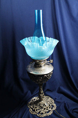 HINKS NICKEL  VICTORIAN LAMP W/TEAL BLUE NAILSEA SHADE TEAL BLUE PINCHED CHIMNEY
