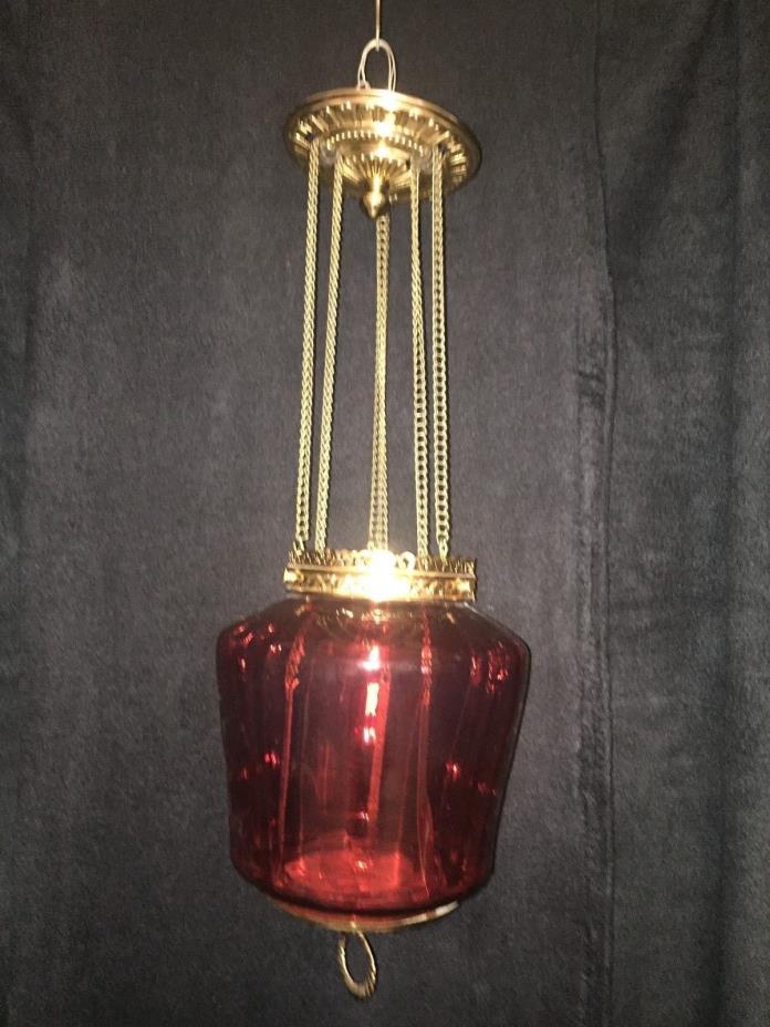 Victorian Antique Cranberry Hanging Hall Oil Lamp