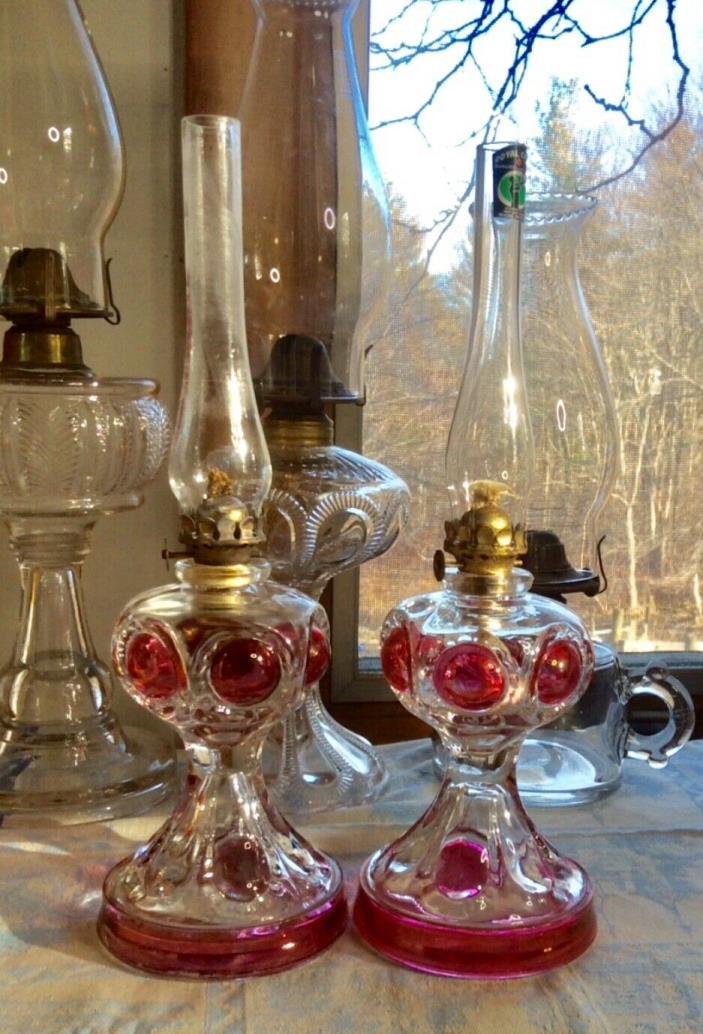 Antique/Vintage Miniature Red Flashed Bullseye Oil Lamp Pair (Purpling?)