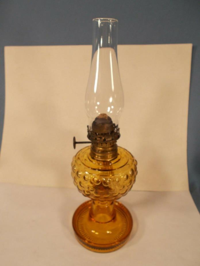Victorian Hobnail pattern Amber Glass Miniature Oil Lamp and Chimney