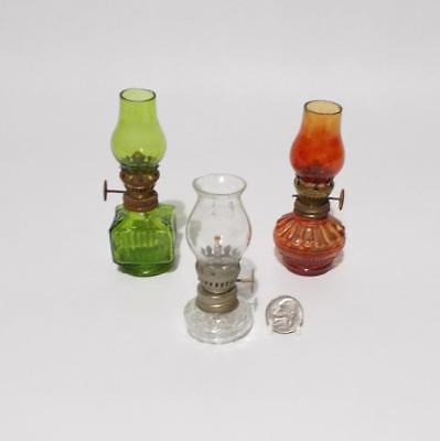 Miniature Oil Lamp Lot Glass Red Green Clear Hurricane Chimney Vintage