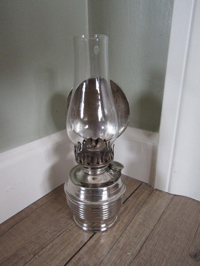 Antique Miniature Silver Tin Metal Kerosene Oil Lamp w/Reflector 8