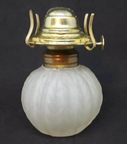 Vintage Miniature White Frosted Oil Lamp Ribbed Wheat Pattern Font