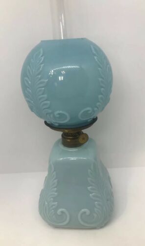 Antique Miniature Oil Lamp Consolidated Opaque Blue Embossed Scroll