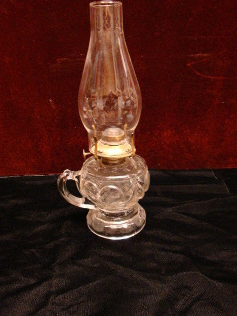Antique Miniature Lamp Clear Glass Heart Pattern C.1910 Banner Burner & Chimney