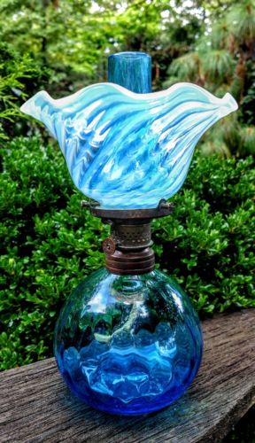 MINIATURE OPTIC BLUE OIL LAMP,  shade (RARE matching blue chimney cover) WORKS