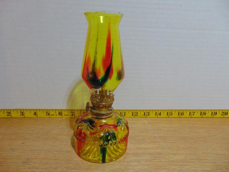 Vintage Painted Embossed Glass Mini Oil Lamp With Matching Chimney 7 1/2