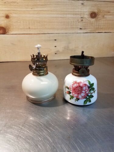 Pair Mini Oil Lamp Bases One Plain One Flowered